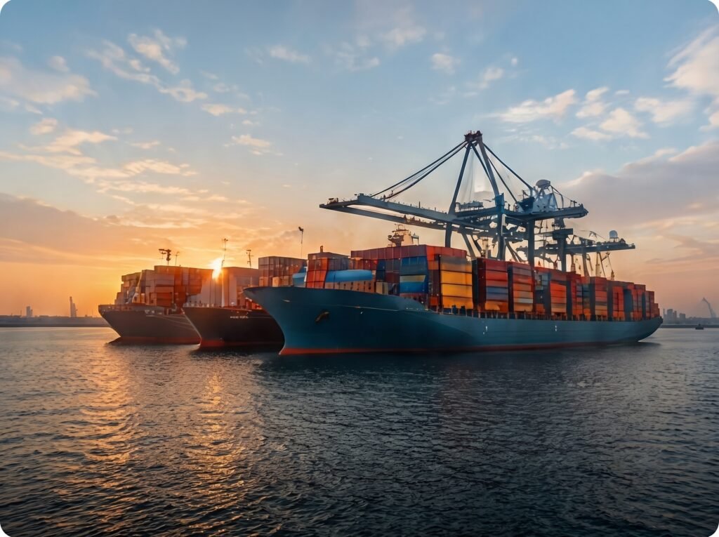 Cargo ships loaded with shipping containers at a port during sunset, representing the global textile manufacturing and sourcing capabilities of Paramount International.