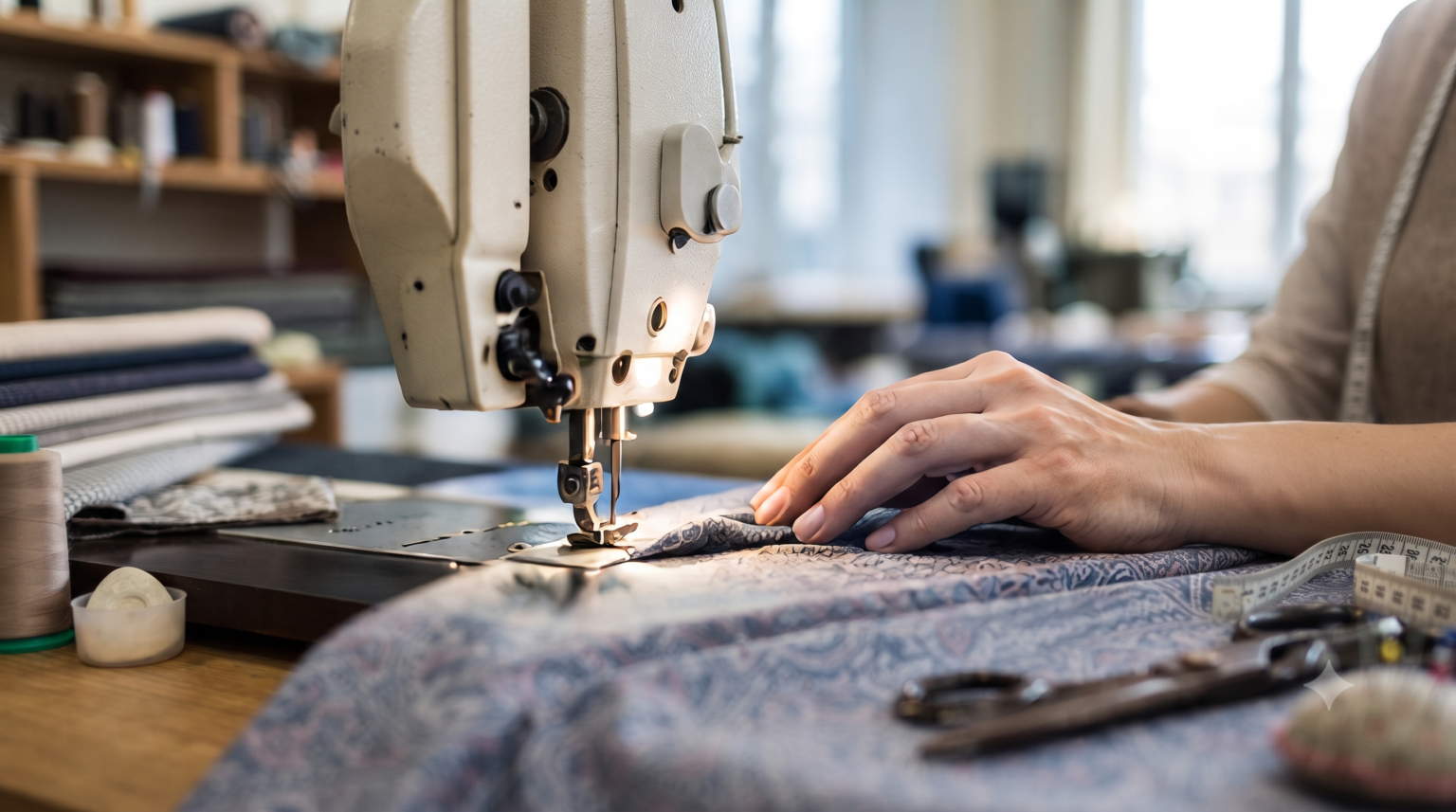 Textile manufacturing with industrial sewing machine and fabric craftsmanship