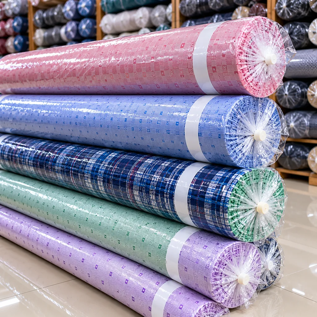Large customized shirting fabric rolls in pink, blue, navy, mint green and lavender wrapped in transparent plastic