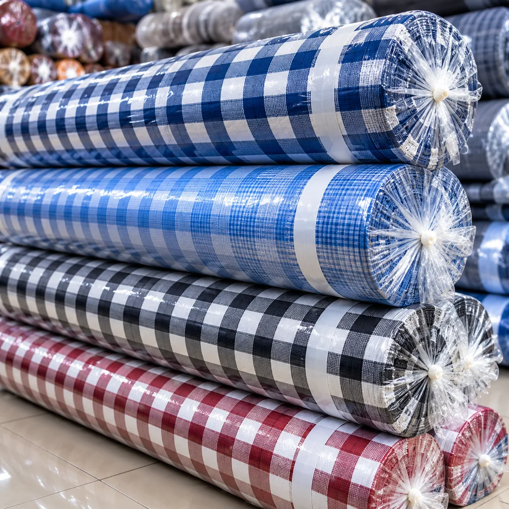 Large blue, black and red checked shirting fabric rolls wrapped in transparent plastic for wholesale textile supply