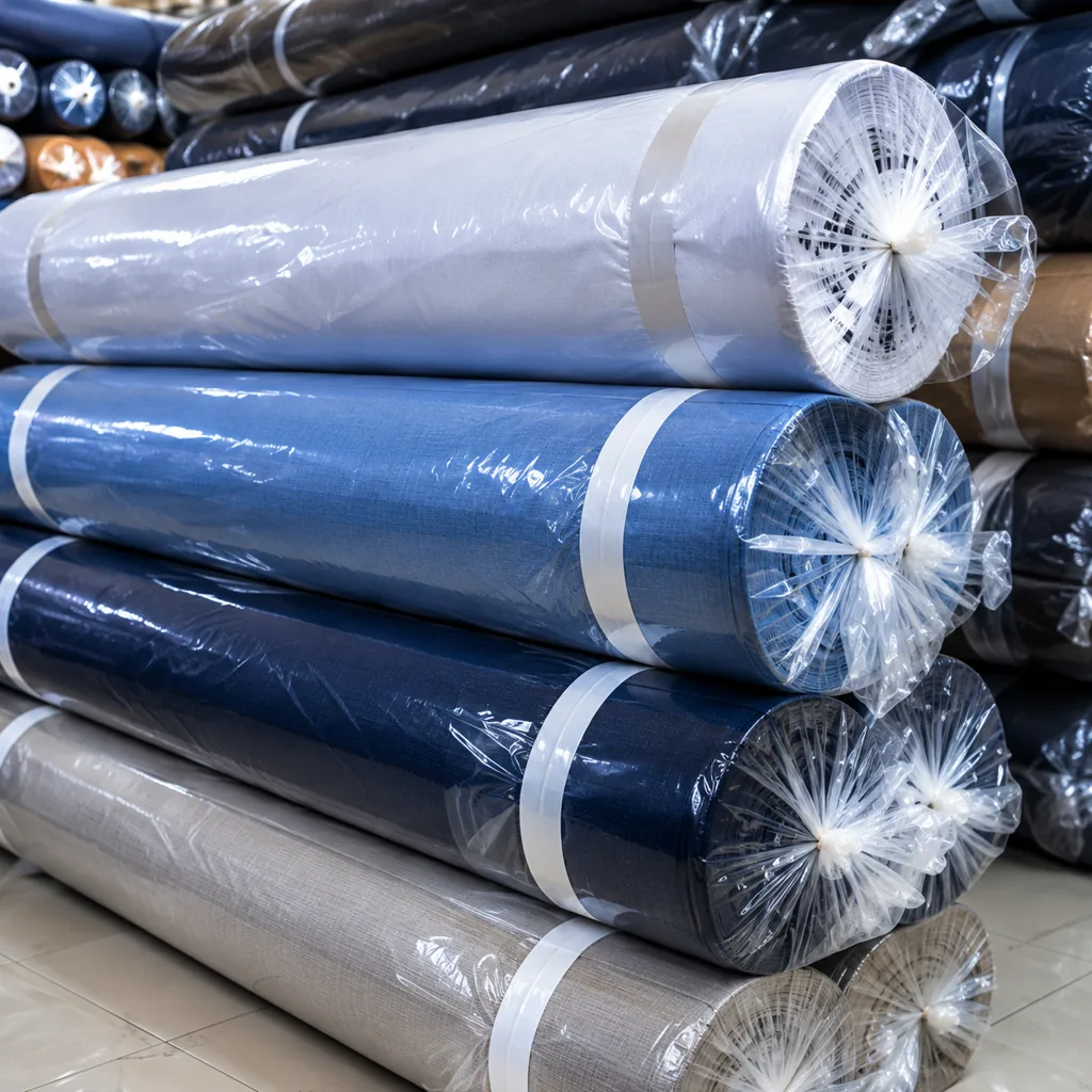 Large solid shirting fabric rolls in white, blue, navy and grey wrapped in protective plastic for wholesale textile supply
