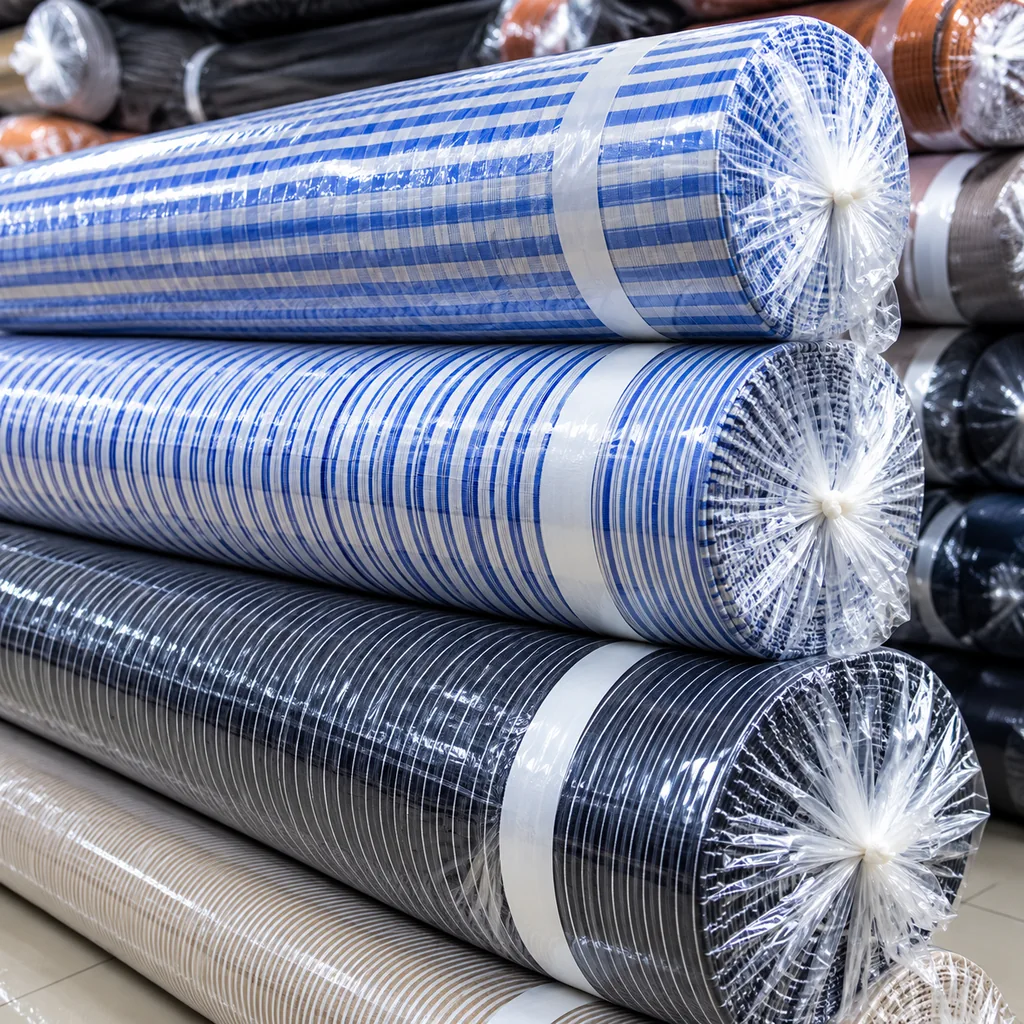 Large blue, white and navy striped shirting fabric rolls wrapped in transparent plastic for wholesale textile supply