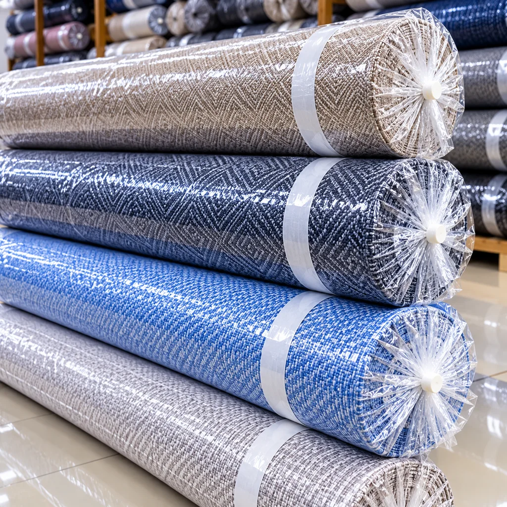 Close-up of beige, charcoal, blue and grey textured jacquard fabric rolls showing detailed woven patterns