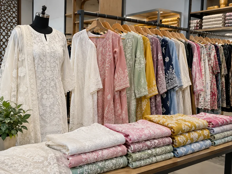 Traditional handcrafted apparel featuring embroidered kurtis and Chikankari-style garments displayed in a clothing showroom