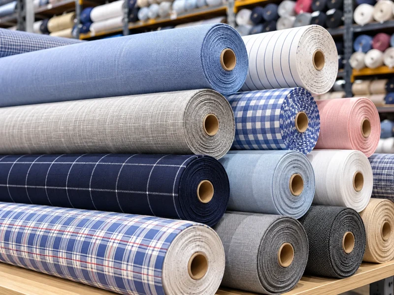 Premium woven fabric rolls in blue, white, grey and pink featuring solid, striped and checked patterns in a textile warehouse